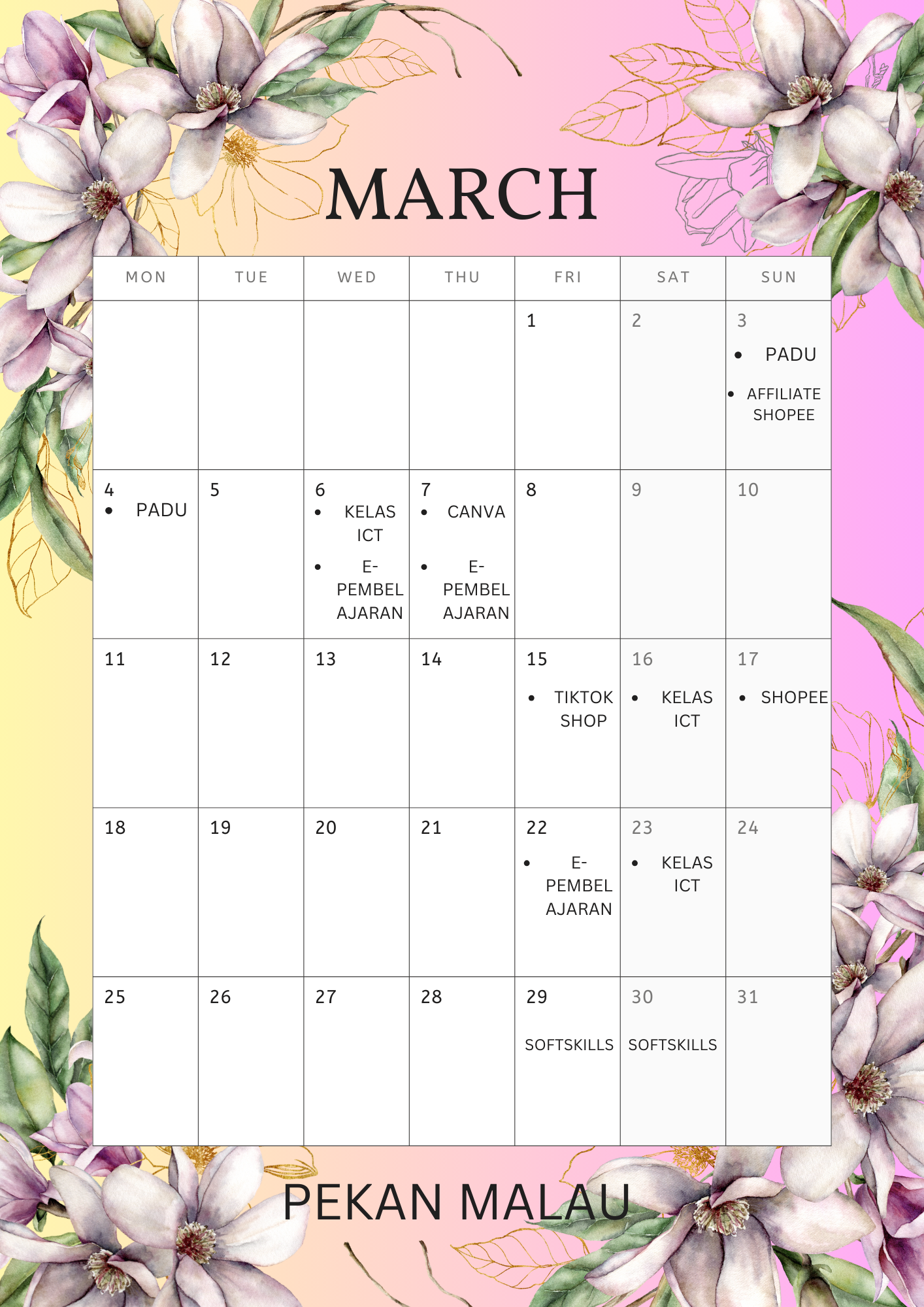 White Violet Watercolor Illustrated March 2024 Calendar Planner Document